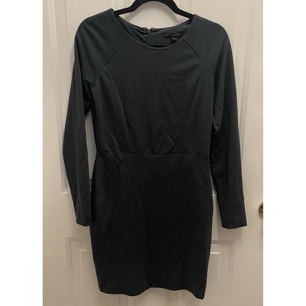 Banana Republic‎ Dark Forest Green Ponte Knit Long Sleeved Sheath Dress 6 Career - Picture 2 of 6